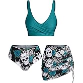 Rosegal Plus Size Women 3 Piece Tankini Swimsuit Gothic Skull Rose Spider Web Print Twist Bathing Suit