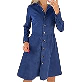 BOFETA Women Button Down Shirt Dress Casual Corduroy Lapel Collar Dress A Line Long Sleeve Dresses