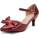 MAIERNISI JESSI Women's Kitten Heel Pumps with Bow, Ankle Strap, Pointed Toe, D'Orsay Style