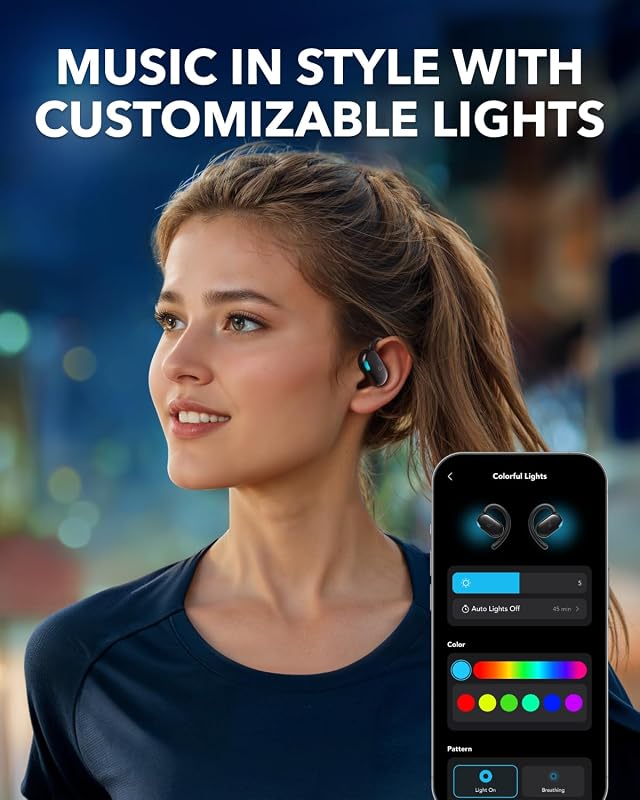 Fones de ouvido abertos soundcore anker v20i, ganchos giratórios para os ouvidos, ajuste justo, graves potentes, chamadas nítidas, ip55, luzes led, bateria de 36 horas, bluetooth 5.4, conexão multiponto