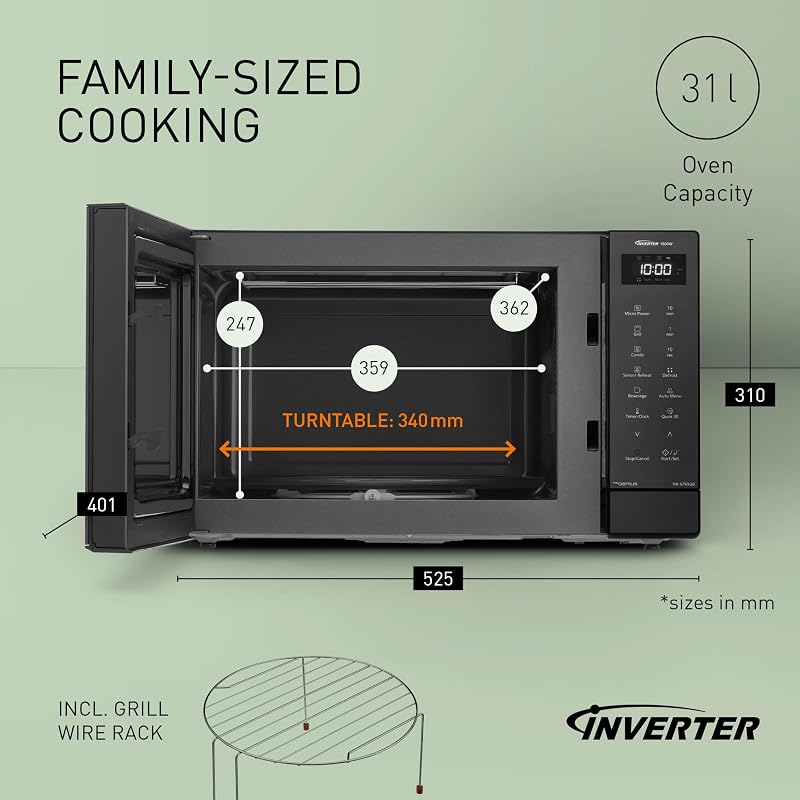 NN-GT65QBEPG 31 L Four à Micro-Ondes Combiné, 1 000 W, Cuisson Combinée, 7 Niveaux de Puissance, Décongélation Turbo, LED, Plateau Tournant, Noir