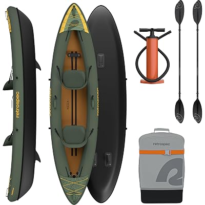 Retrospec Coaster Tandem Inflatable Kayak - 2 Person Inflatable Kayak for Adults, 440lb Weight Capacity, Puncture Resistant, Lightweight 2 Person Kayak with Adjustable Seats Paddle & Pump