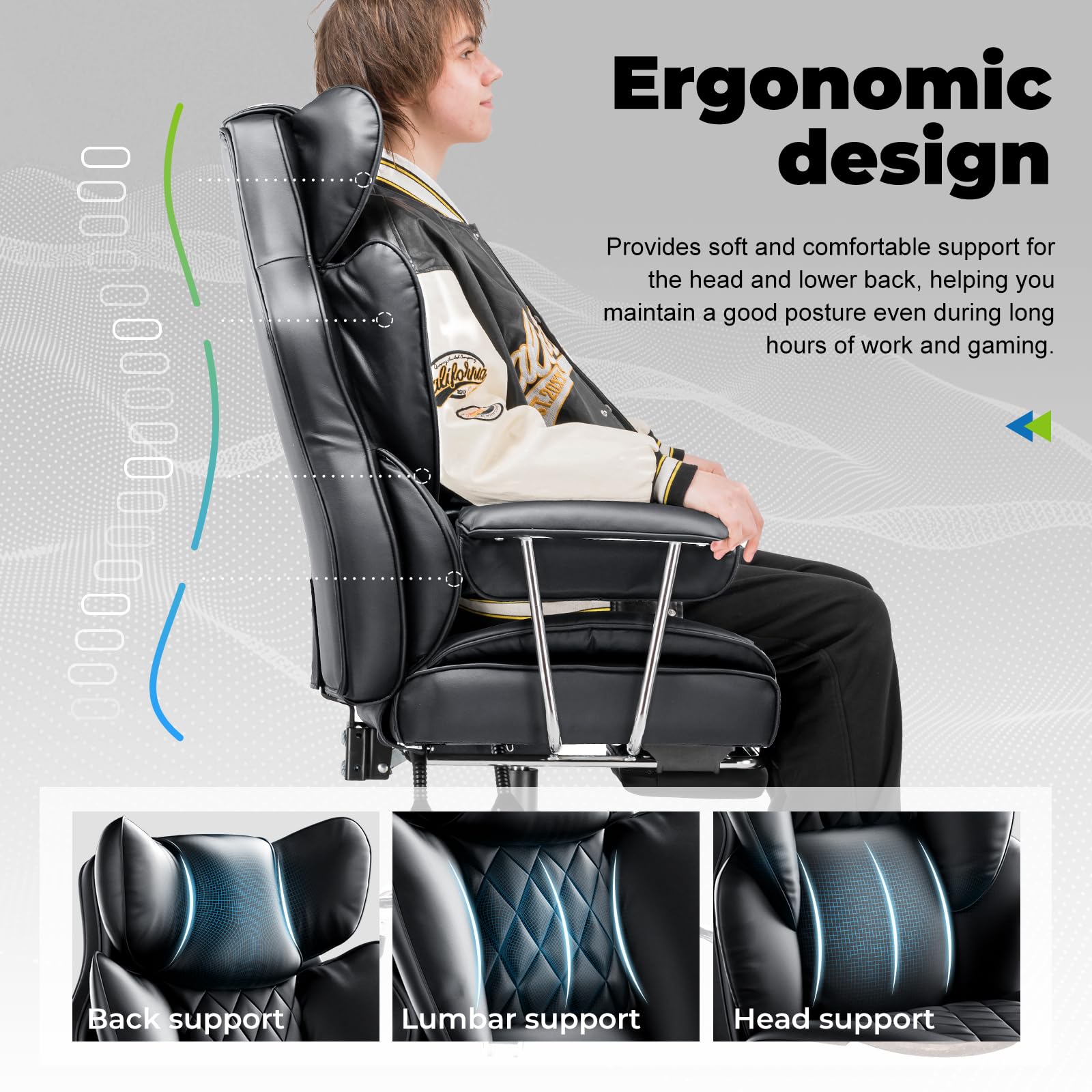 COMHOMA Big and Tall Office Chair, High Back Leather Gaming Chair with Footrest, Executive Ergonomic Office Chair with Pocket Spring Lumbar Support and with Outward Fixed Soft Armrests - Image 2