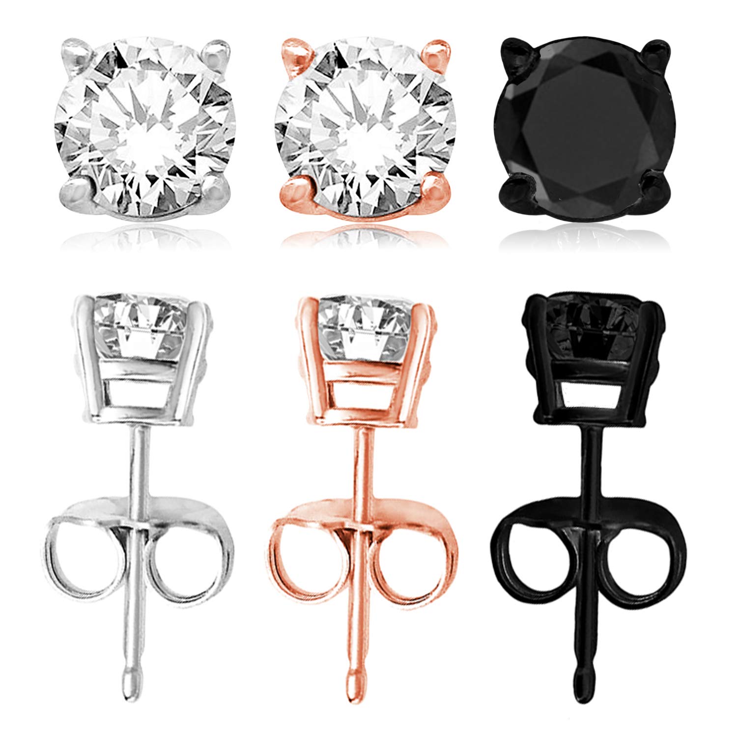 TIONEER Pendientes de tuerca con solitario de corte redondo y circonita cúbica de plata de ley para mujeres y hombres, mariposa a presión, 7 mm, 3 colores (plata, oro rosa, negro), juego de 6 piezas