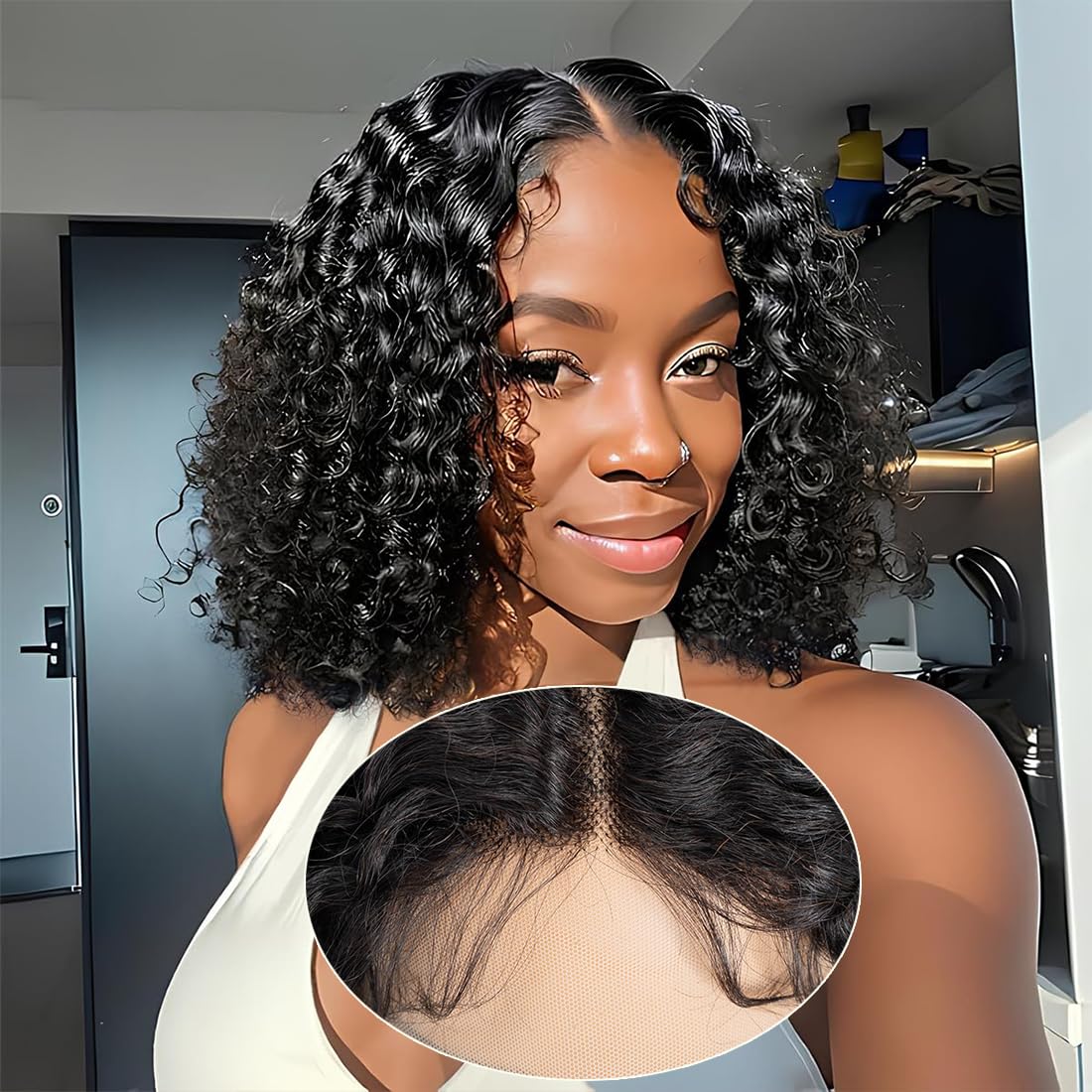 Short Kinky Curly Lace Front Wig 8 inch Bob Deep Curly 13X4X1 HD Lace Front Wig for Women Brazilian Virgin Human Hair Wigs with Bangs Natural Looking