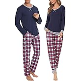 SWOMOG Couples Pajama Sets Women & Men Long Sleeve Sleepwear Top Plaid Pants Loungewear Set with Pockets
