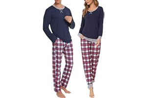 SWOMOG Couples Pajama Sets Women & Men Long Sleeve Sleepwear Top Plaid Pants Loungewear Set with Pockets