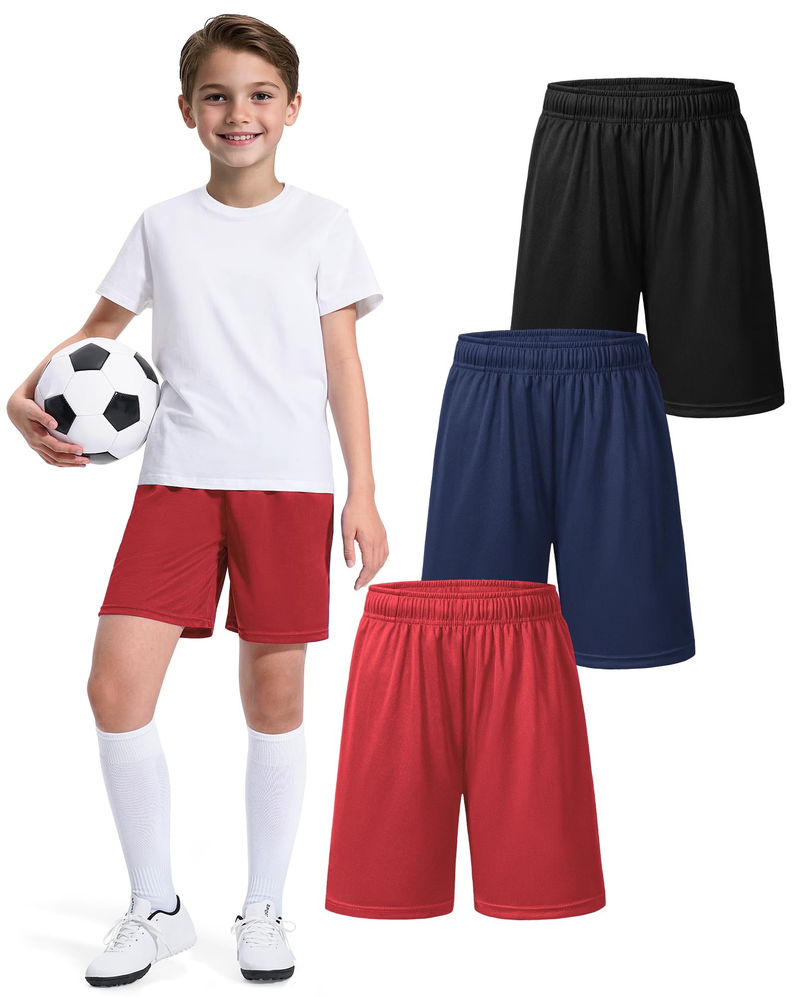 Photo 1 of 1 Pack Boys Basketball Shorts Kids Youth Athletic Shorts Quick Dry Sport Clothes with Pockets Size 9-10 Years Black+Navy Blue+Red