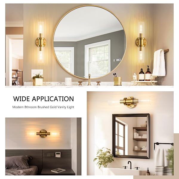 JONSI 2-LIGHT GOLD WALL SCONCE, BRUSHED GOLD BATHROOM VANITY LIGHT FIXTURE WITH GLASS SHADE, 18.2 INCH UP AND DOWN WALL MOUNT LAMP FOR MIRROR HALLWAY KITCHEN LIVING ROOM