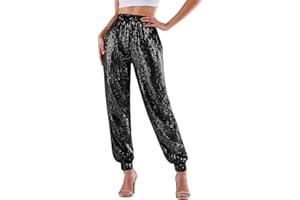 Women's Metallic Shiny Jogger Pants High Waist Drawstring Lounge Trousers Stretchy Hip Hop Clubwear Pants Loose Sweatpants