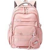 LANSHIYA Cute Aesthetic Backpack for Girls Middle School Students Bookbag Teens Solid Color Lightweight Travel Daypack Casual Schoolbag with Coin Pouch,Pink