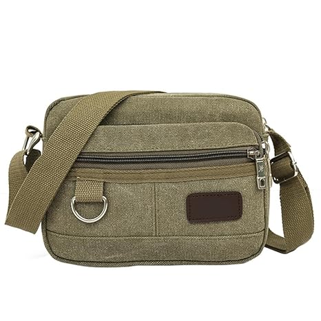 Childplaymate Men Canvas Mini Messenger Bag Multi-Layer Shoulder Crossbody Bag(Green)