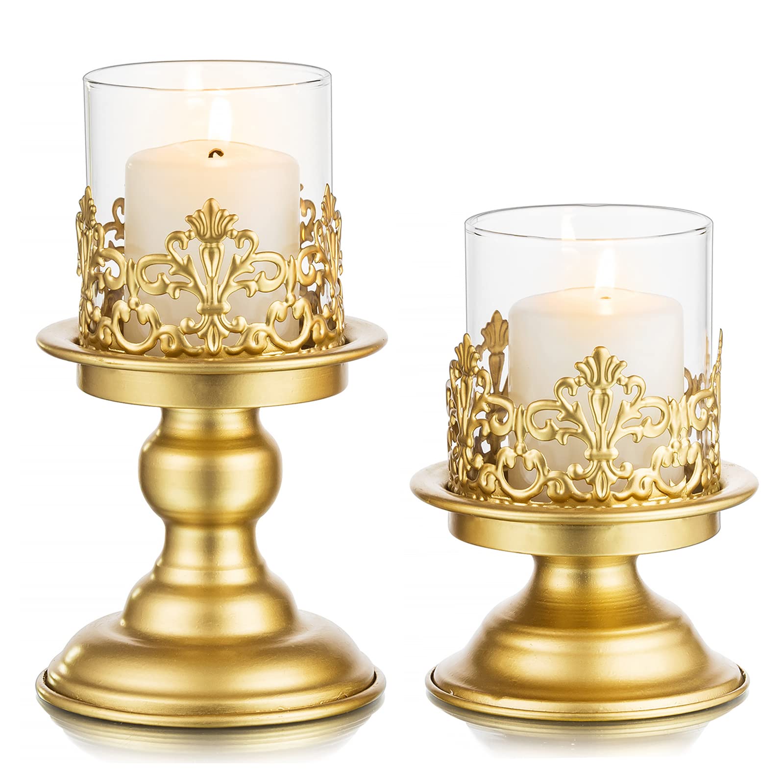 Sziqiqi Gold Pillar Candle holders for Table Centrepieces - Vintage Metal Candlestick Holder Glass Hurricane Candle Holders for Living Room Dining Room Bedroom Office Christmas Table Decoration