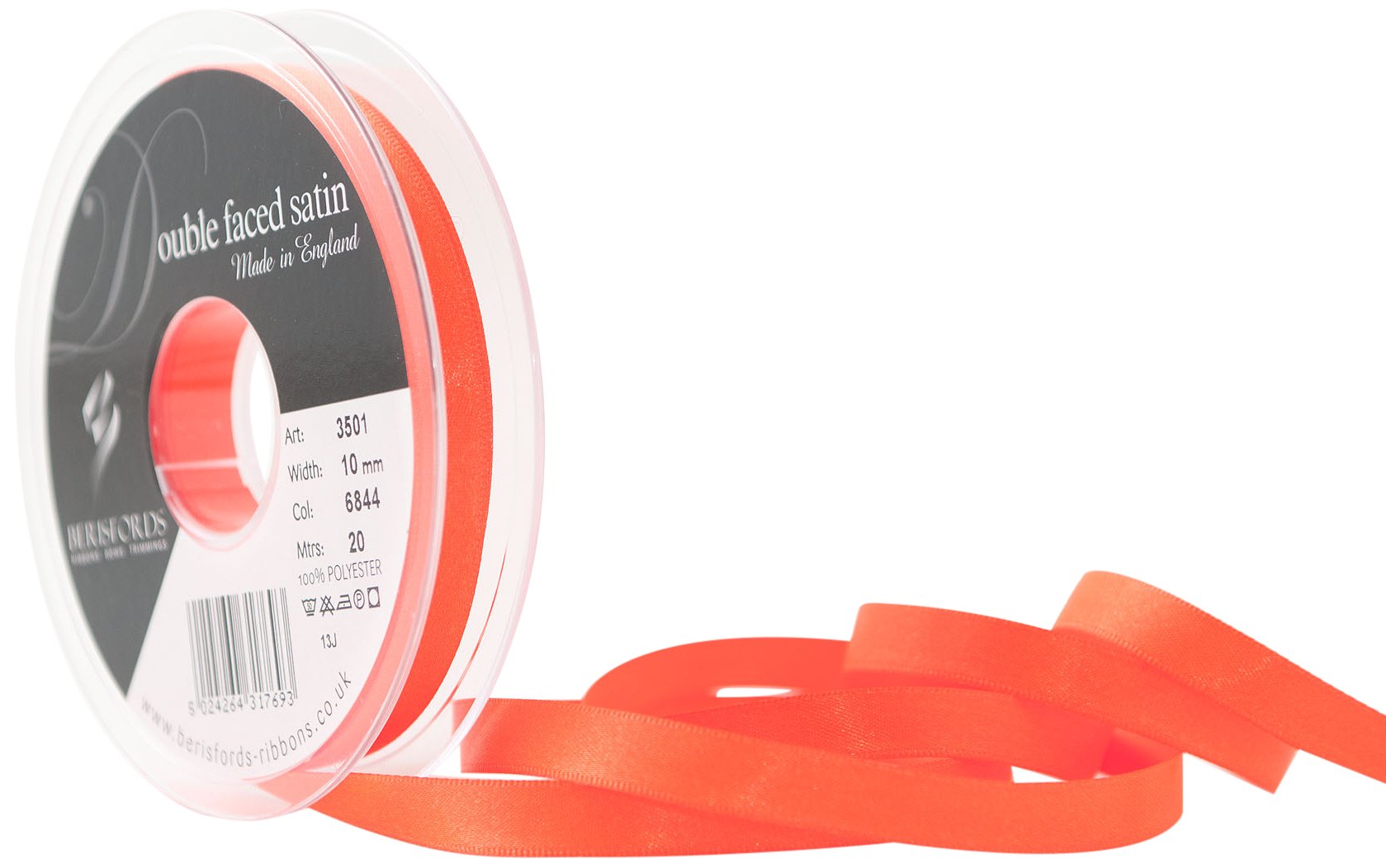 Berisfords 10 mm Double Faced Polyester Satin Ribbon, Flo Orange
