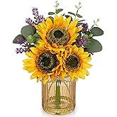 Oairse Fake Flowers in Vase, Sunflowers Artificial Flowers with Vase Sunflowers Centerpieces for Table Silk Flower Arrangement for Farmhouse Home Kitchen Bathroom Wedding Party Dining Room Decor