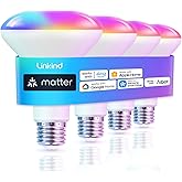Linkind Matter Smart Light Bulb, BR30 Smart Bulbs, Recessed LED Color Changing Light Bulbs RGBTW, E26 Smart Flood Light Bulbs 650LM 60W Work with Alexa, Apple Home, Google Home, SmartThings, 4Pack