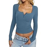 EasyGala Womens Cotton Long Sleeve Henley Shirts Sexy Square Neck Tops Slim Fit T-Shirt Trendy Outfits Fall Clothes 2026