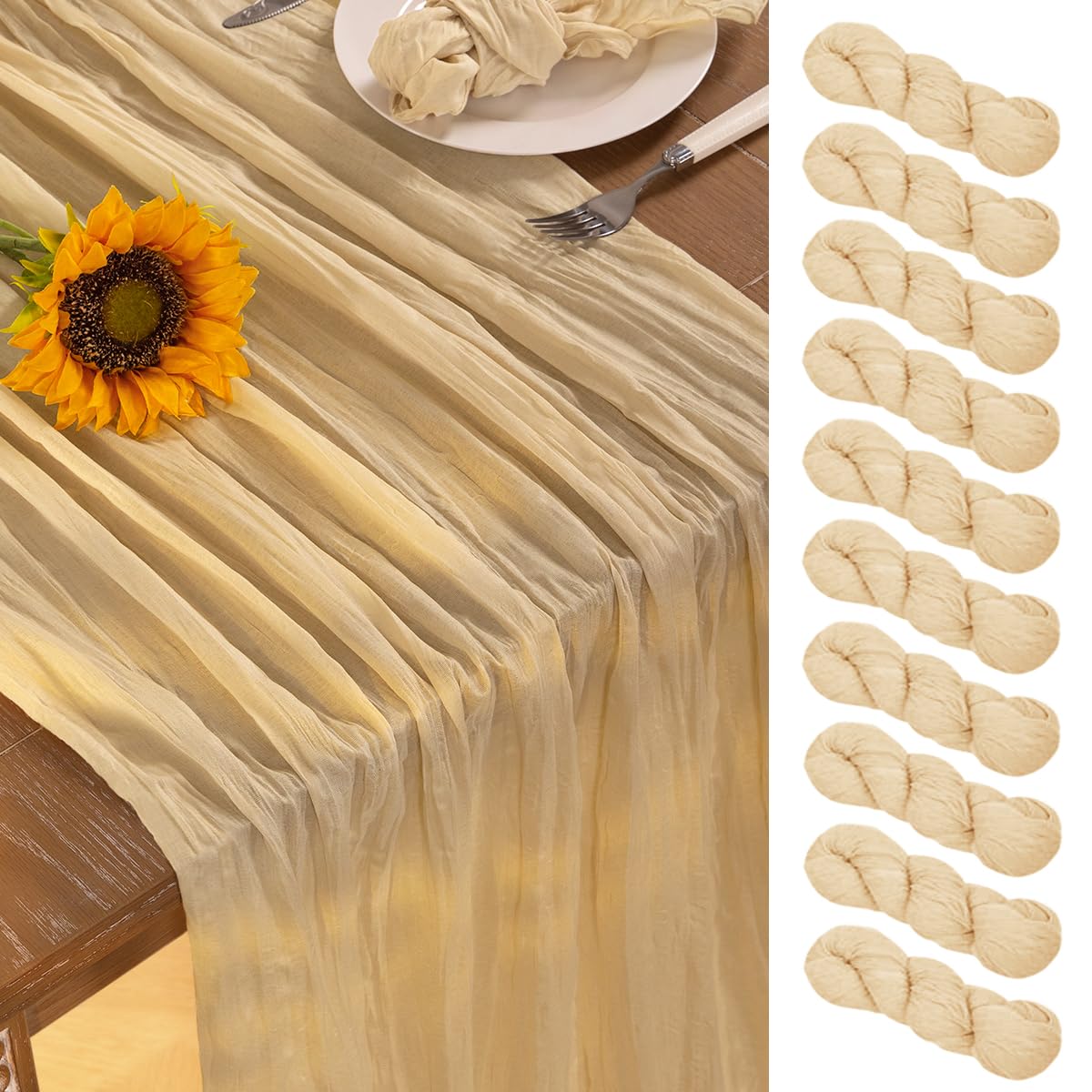 Photo 1 of DeZerlor Champagne Gold Cheesecloth Table Runner 10 Pack Spring Boho Sheer Cheese Cloth Table Runners Gauze 120 Inches Long Easter Table Decor for Champagne Bridal Shower Wedding Baby Shower Parties