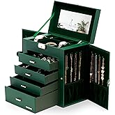 Homde Synthetic Leather Huge Jewelry Box Mirrored Watch Organizer Necklace Ring Earring Storage Lockable Gift Case (Forest Green + Gold)