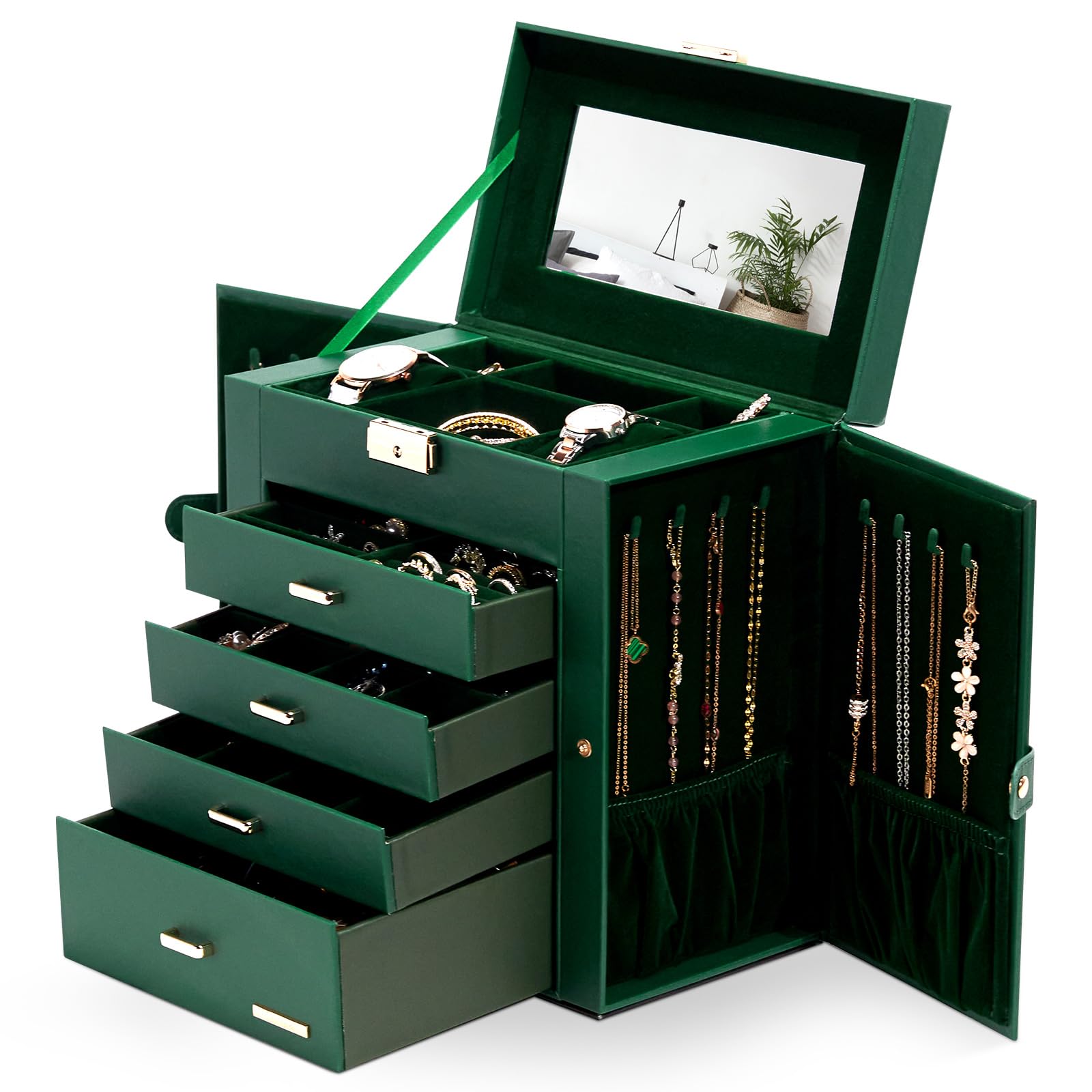 Photo 1 of Homde Synthetic Leather Huge Jewelry Box Mirrored Watch Organizer Necklace Ring Earring Storage Lockable Gift Case (Forest Green + Gold)