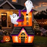 Bajree 6 FT Halloween Inflatable Haunted House with 2 Cute Ghosts | 6 Built-in LEDs, Fast Self-Inflating Blower, 4 Stakes, 2 Ropes and 2 Sandbags for Outdoor Yard, Lawn &amp; Porch Decor