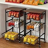 DaisyInner 2 Pack 4-Tier Rolling Pantry Floor Organizer with Wheels Metal Kitchen Storage Cart with Pull-Out Baskets and Wood Top for Pantry Kitchen Office Living Room Fruit Snack Vegetable