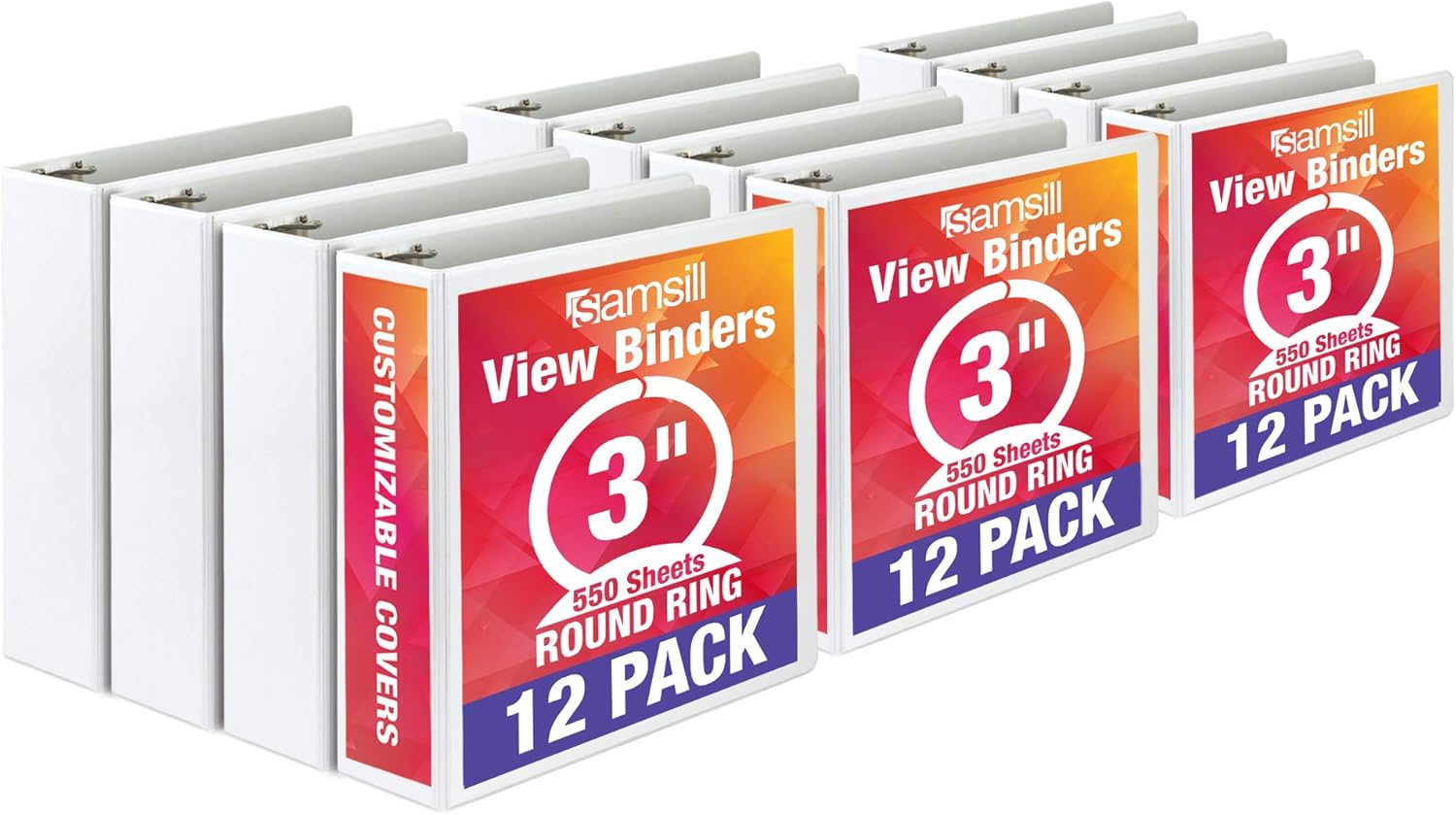 Samsill Economy 3 Ring Binder Organizer, 3 Inch Round Ring Binder, Customizable Clear View Cover, White Bulk Binder 12 Pack