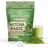 MEGAPLANTS Mushrooms Matcha Magic - USDA Organic Ceremonial Grade Japanese Matcha (30 Serving)- with Reishi, Lion’s Mane, Chaga, Cordyceps & Turkey Tail – Superfood for Focus & Energy.