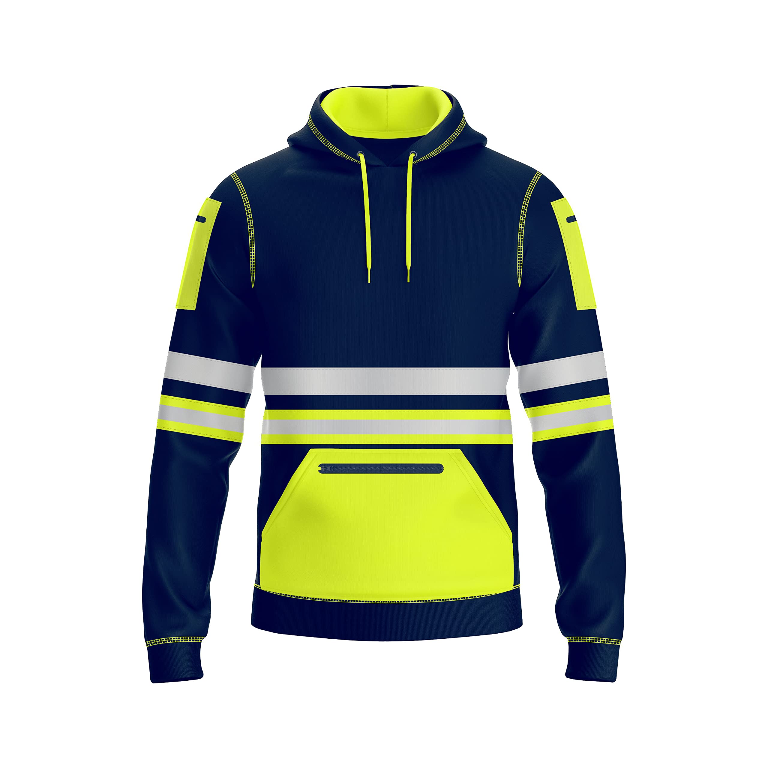 mymixtrendz Mens Hi Vis Pullover Multi Zipped Pockets Hoodie Safety Work Wear Reflective Tape High Visibility Hoodie Sweatshirt S-2XL