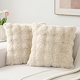 Volcanics Pack of 2 Thick Plush Faux Wool Decorative Throw Pillow Covers 18x18 Inch, Beige Soft Fluffy Faux Fur Cushion Covers for Sofa Bedroom Pillow Shell