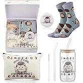 Kacctyen 5 Pcs Christmas Hedgehog Gift for Women Hedgehog Accessories 16oz Glass Cup Tumbler with Lid Straw Makeup Cosmetic Bag Pocket Mirror Sock for Daughter Sister Bestie Birthday Animal Lover Gift