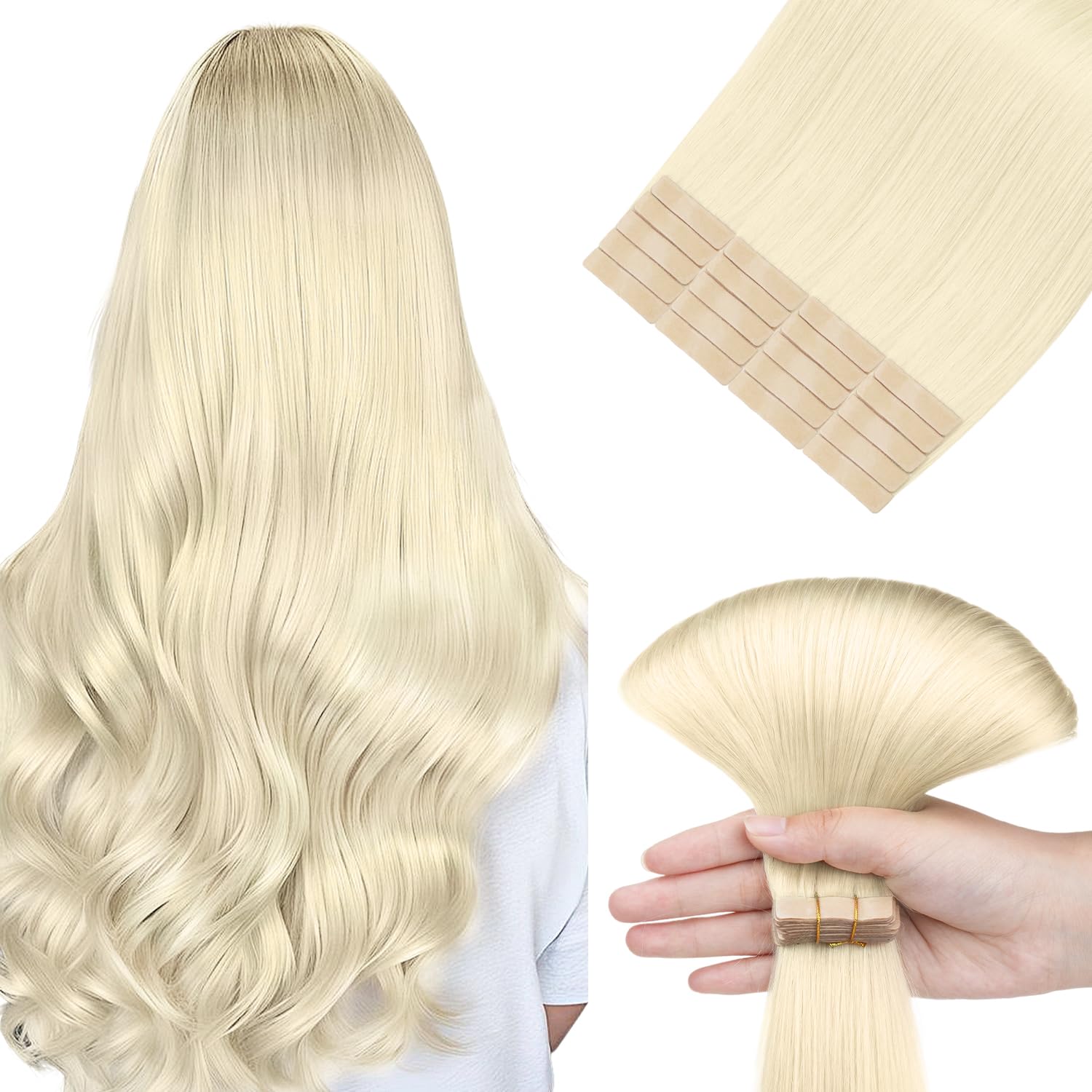 hotbanana Tape in Hair Extensions, 16 Inch Tape in Hair Extensions Human Hair 20pcs 50g Platinum Blonde Tape Hair Extensions Straight Remy Human Hair Tape in Extensions — image 1
