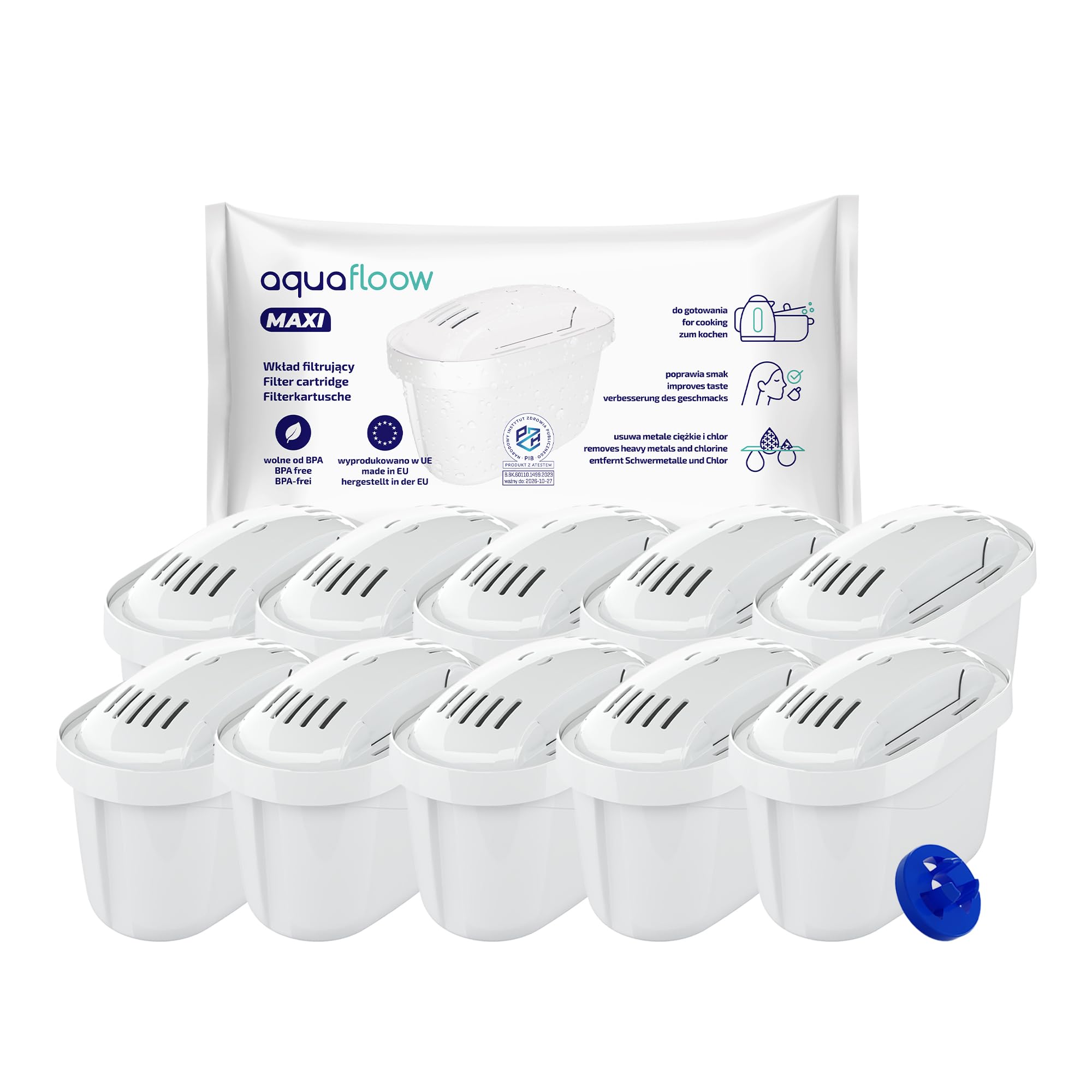 Aquafloow Pack 10 Water Filter Cartridges Compatible with Brita Maxtra+, Marella-Elemaris Jugs, Bosch Tassimo