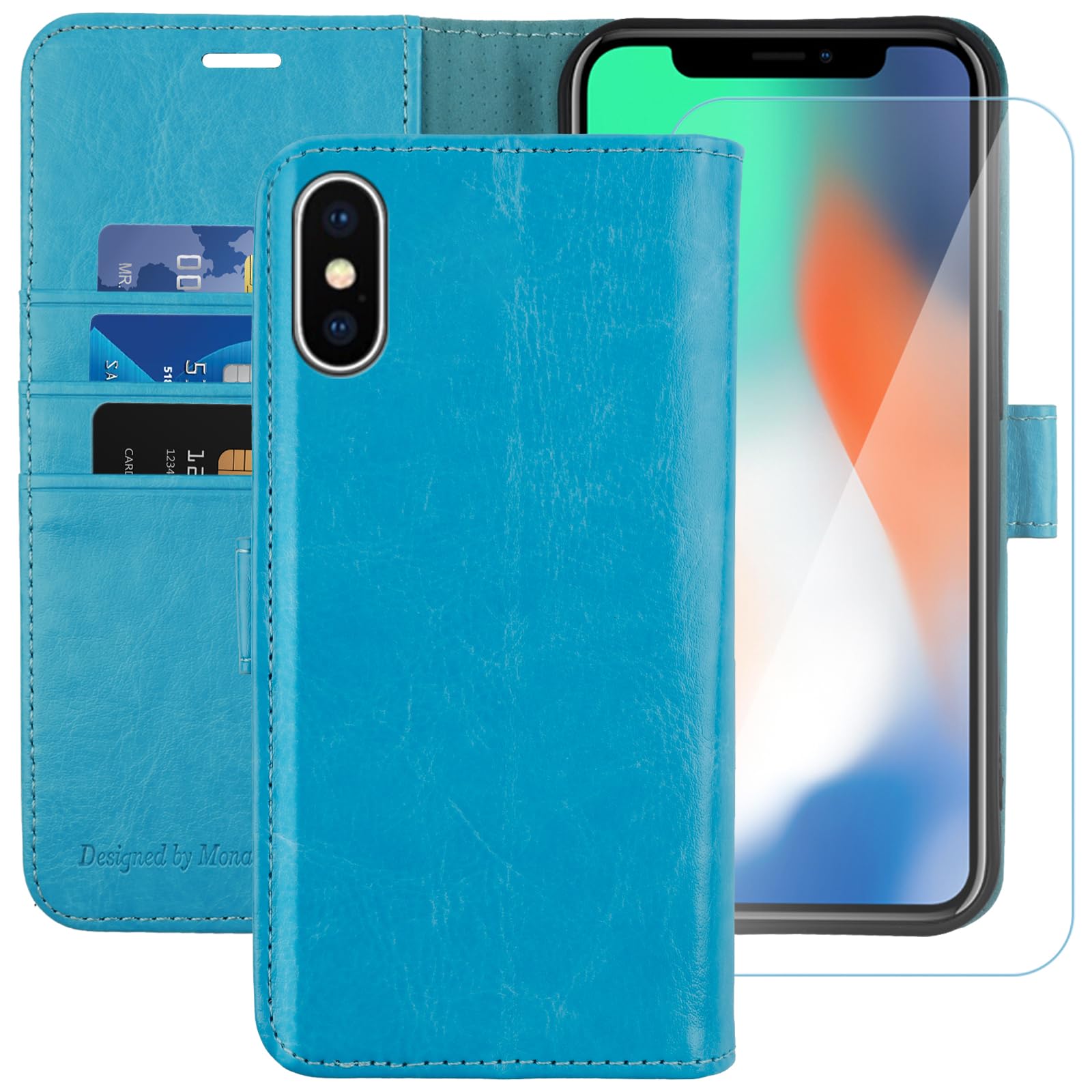 MONASAY iPhone XS Wallet Case/iPhone X Wallet Case,5.8-inch [Glass Screen Protector Included] Flip Folio Leather Cell Phone Cover with Credit Card Holder for Apple iPhone XS/X,Light blue — image 1
