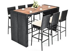 HAPPYGRILL 7 Pieces Outdoor Wicker Bar Set, Rattan Dining Set with Patio Bar Height Table & 6 Bar Stools with Cushions Outside Bar Set for Poolside Patio Backyard