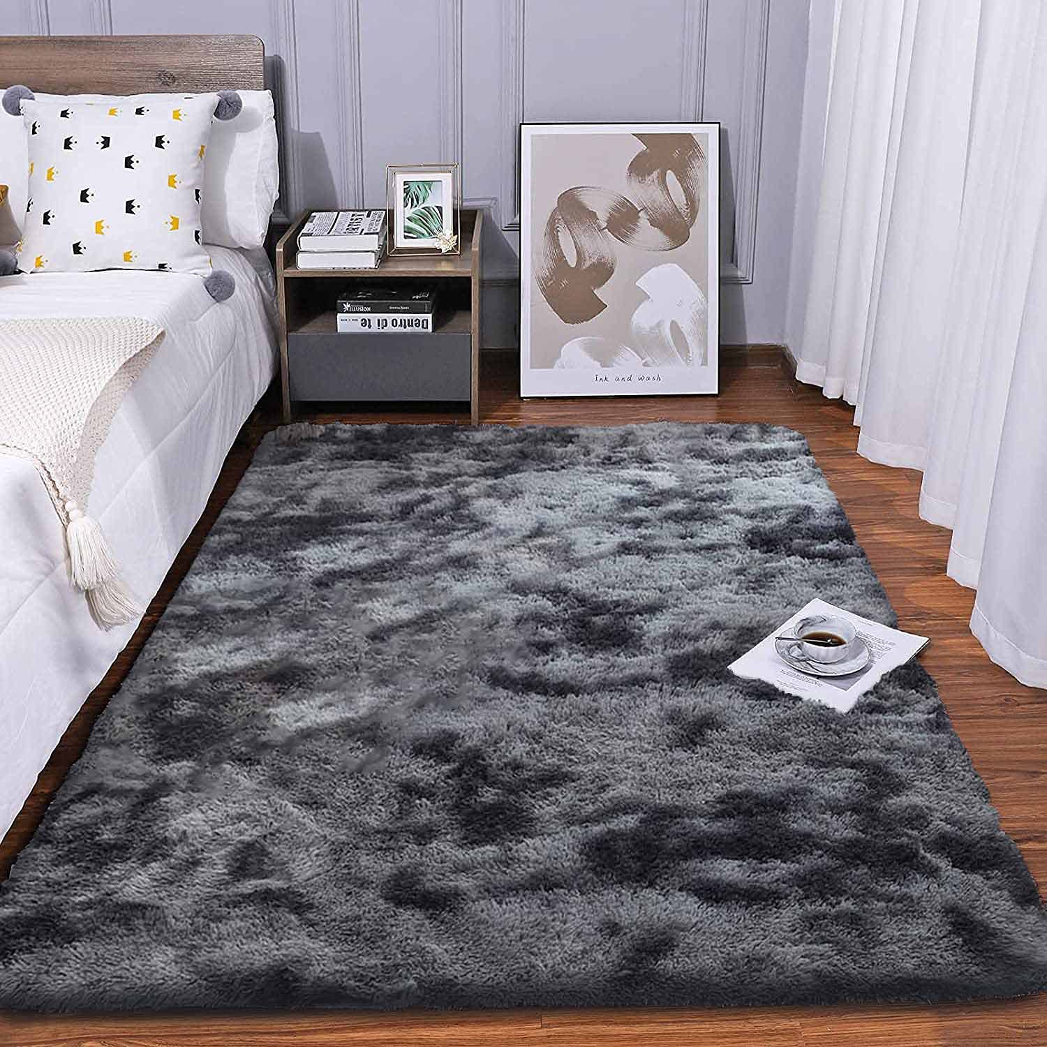 Tinyboy-hbq Area Rugs Fluffy Bedroom Carpet Soft Floor Mat Anti-Slip Living Room Rugs Shaggy Plush Carpets for Living Room Home Decor (Black grey, 80 * 120cm) — image 1