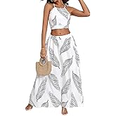 BEAUDRM Women's 2 Piece Outfits Tropical Print Beach Outfits Tie Cami Crop Top and Split Maxi Skirt Sets Vacation Resort Wear