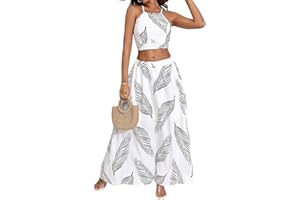 BEAUDRM Women's 2 Piece Outfits Tropical Print Beach Outfits Tie Cami Crop Top and Split Maxi Skirt Sets Vacation Resort Wear