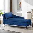 ACMEASE Upholstered Velvet Chaise Lounge with Left Armrest & Storage Space,Button Tufted Lounge Chair w/Lumbar Pillow,Modern Lounge Chair for Bedroom, Living Room and Office,Blue