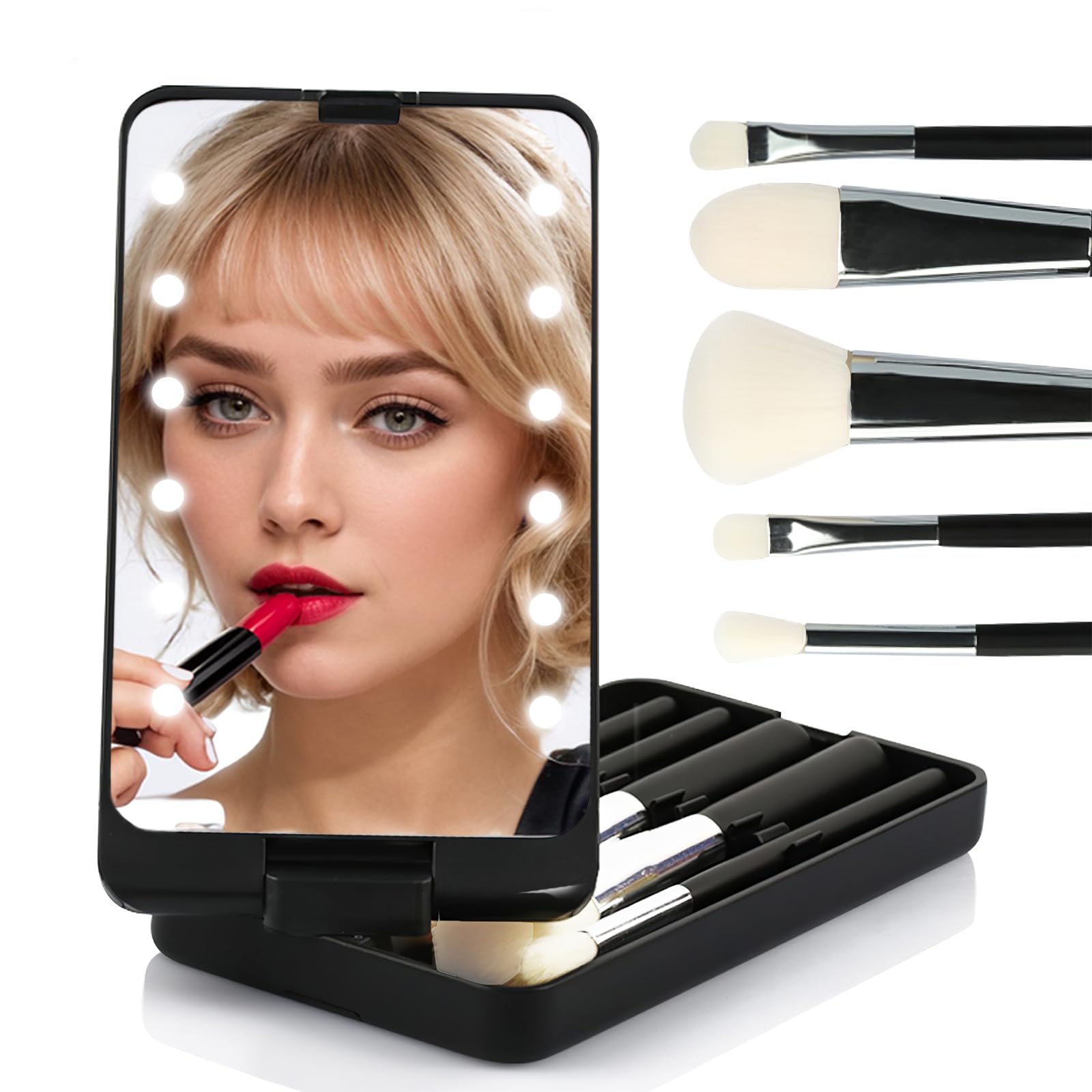 Pocket Mirror with 5-in-1 Makeup Brushes - Rechargeable Dimmable Portable Mirror with Light for Purse, Handbag, Pocket - Folding, Handheld (Black)