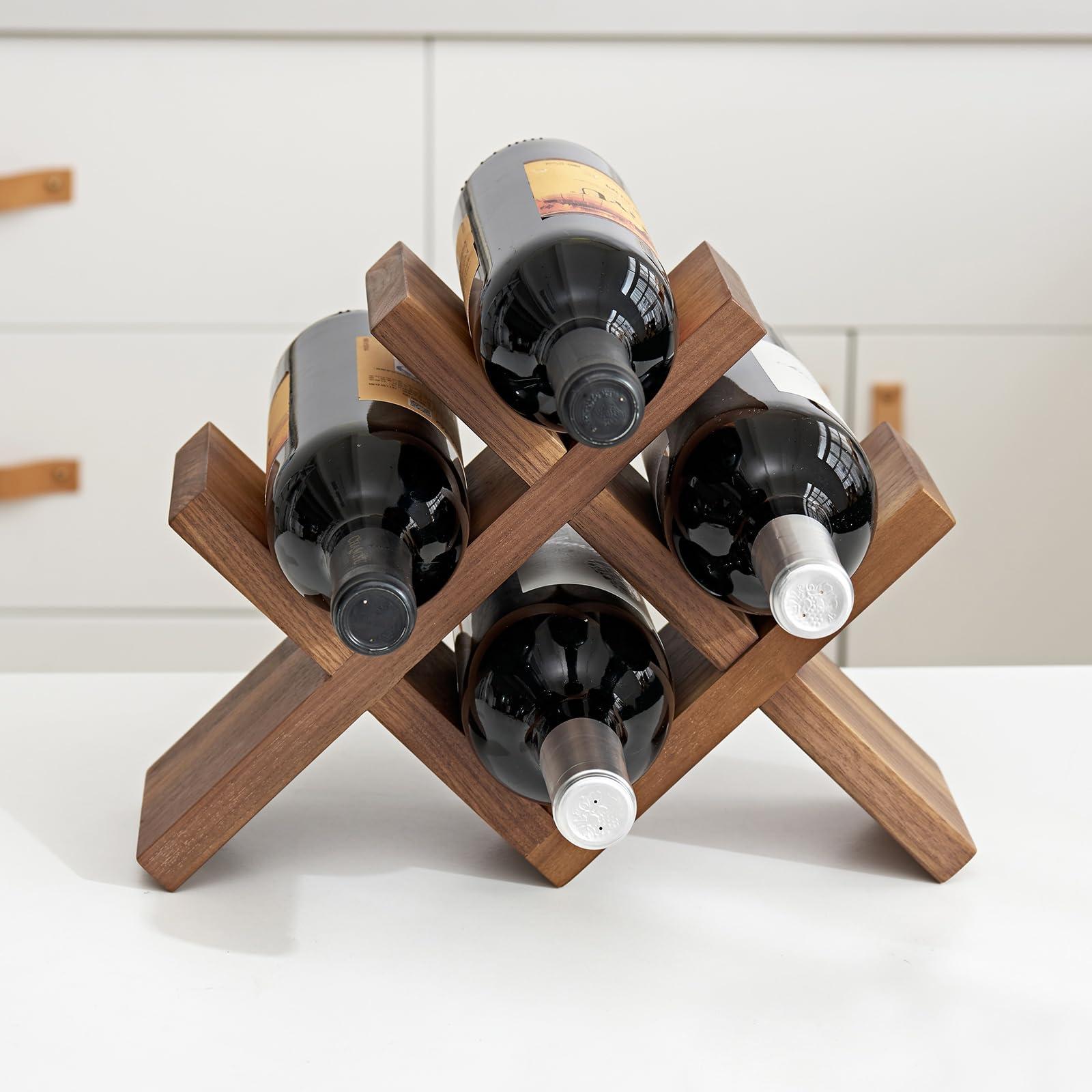 Photo 1 of OAKERLAND Walnut Wood Wine Storage Rack Countertop, 4 Bottle Wine Rack Free Standing Wine Storage, Wine Shelf Organizer, Perfect for Home Décor and Wine Gifts, No Need Assembly (Walnut)