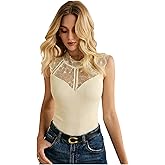 SweatyRocks Women's Sleeveless Round Neck Contrast Lace Skinny Corset Bodysuit Ribbed Knit Concert Tank Top