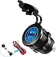 YONHAN 36W Quick Charge 3.0 Dual USB Car Charger Socket, Metal Waterproof 12V USB Outlet with Blue LED & 10A Fuse for 12V/24V Marine Boat Golf Cart Truck Motorcycle and More