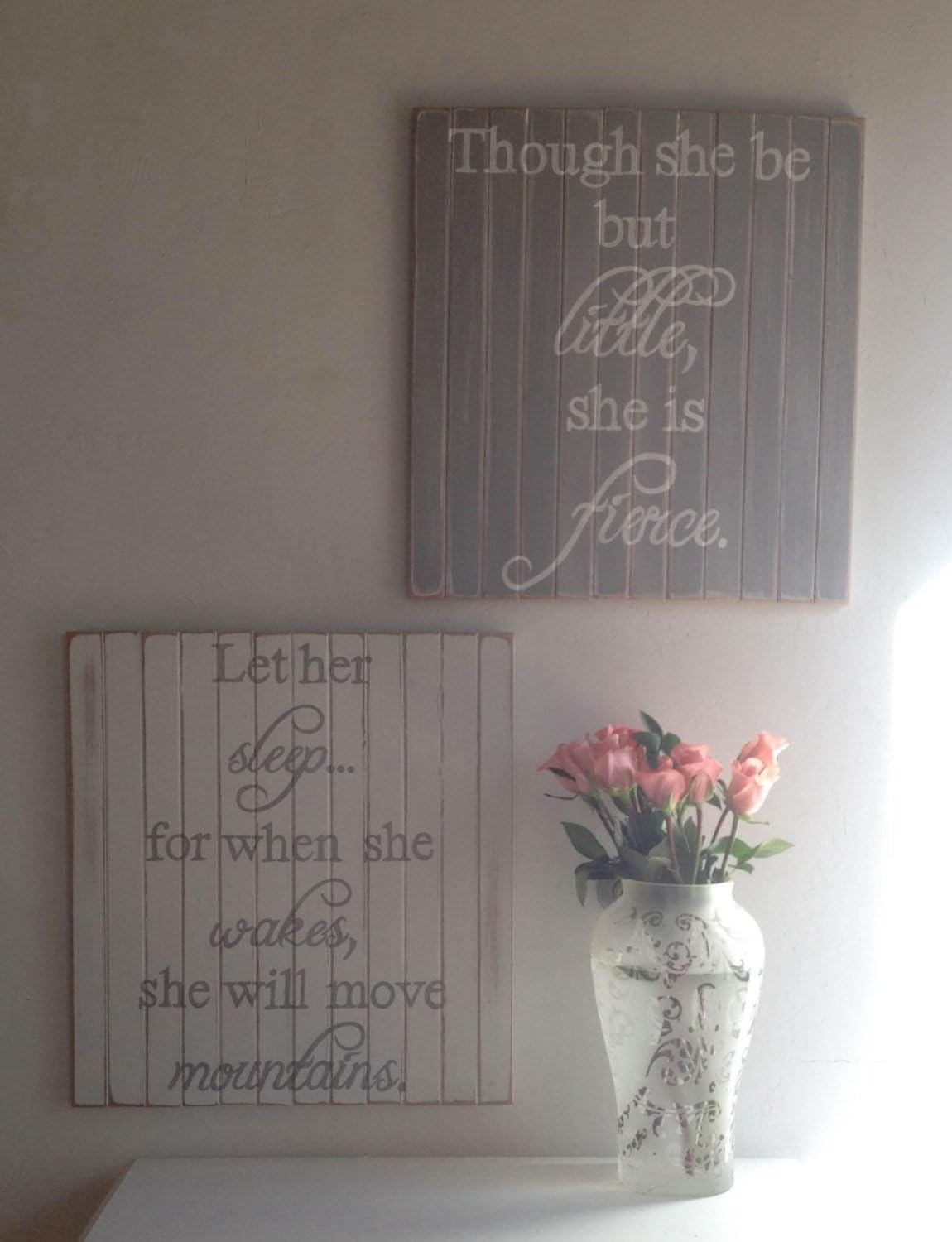 Set of two nursery art signs: Though she be but little, she is fierce. - Shakespeare Let her sleep. for when she wakes, she will move mountains.