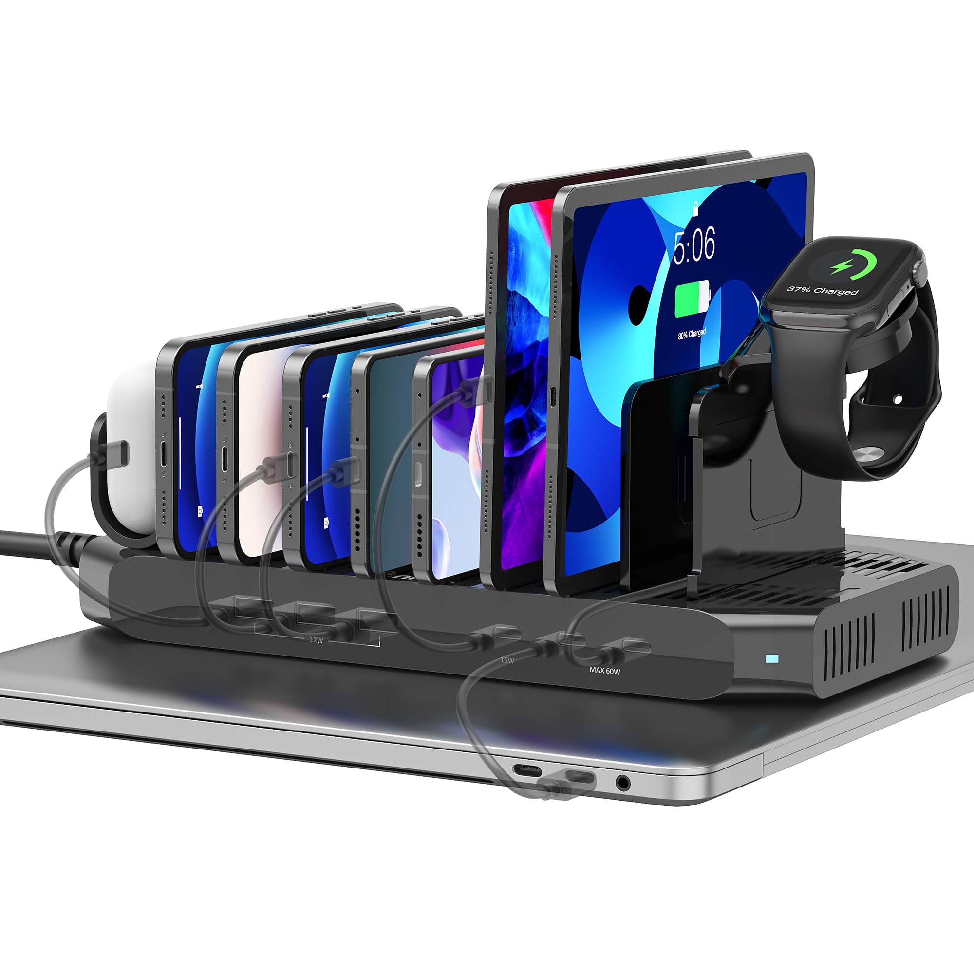 Unitek USB C Charging Station for Multiple Devices Apple - 6 Port MacBook Laptop Charging Dock with Type-C PD 60W Fireproof Fast Charging Stand with Smartwatch & Airpods Holder for iPhone iPad Tablet