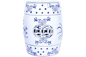 Talllor 17.7" Chinese Double Coins Ceramic Garden Stool with Lattice Cutout, French Country Style Indoor/Outdoor Drum Accent Table, Bohemian, Cottage, Balcony, Living Room, Blue/White #TL-BC1