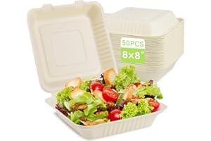 greensight Compostable Take Out Food Container 8X8, 50 Pack Disposable To Go Food Boxes, Biodegradable Clamshell Food Container, Eco-Friendly Made From Sugarcane Fibers