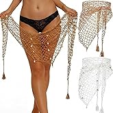 Zonon 2 Pcs Crochet Skirt Cover up for Women Triangle Mermaid Fishnet Skirt Crochet Shawl Hollow Out Sarong with Shells