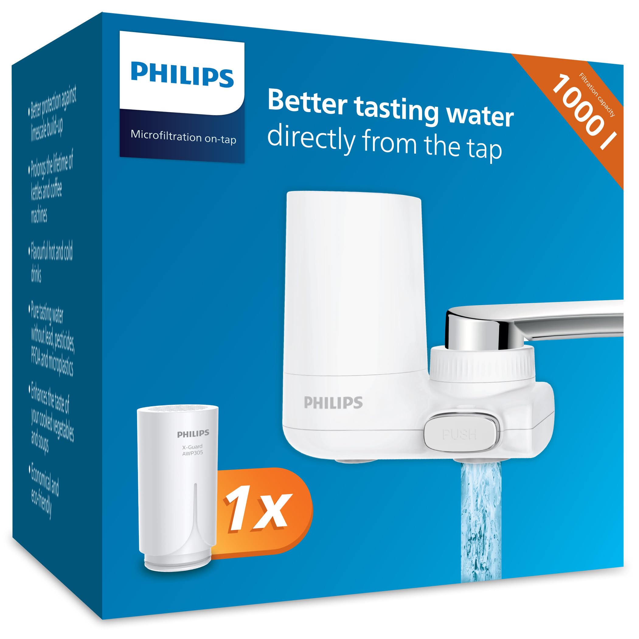 Philips Water Ontap Filter AWP3703 MICROFILTRATION, 1000 L filtration capacity, reduces chlorine, sediment, and other taste-impacting substances (Packing May Vary), White