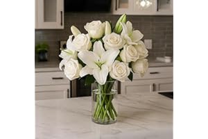 BloomsyBox – Elegant White Lilies & Roses (Glass Vase Included) – Fresh Flowers for Delivery – Gift for Birthday, Sympathy, Get Well, Anniversary, Congratulations